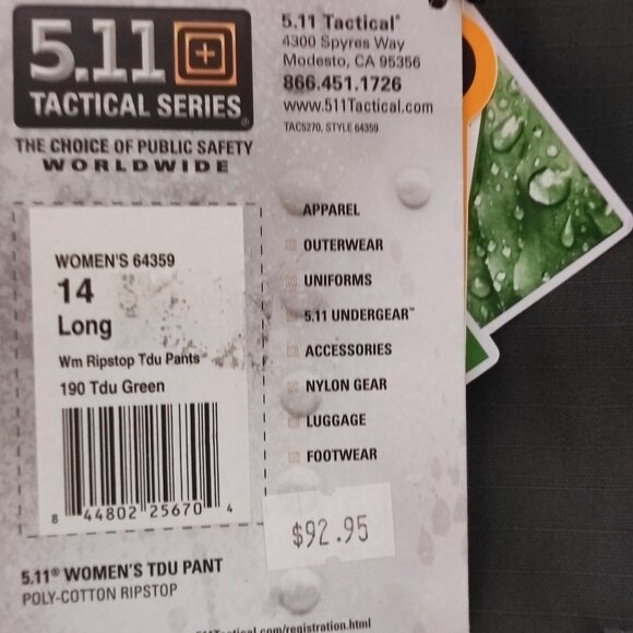 5.11 Tactical Series TDU pants women's size 14 Long green Cargo Ripstop Flex-Tac - Picture 9 of 16